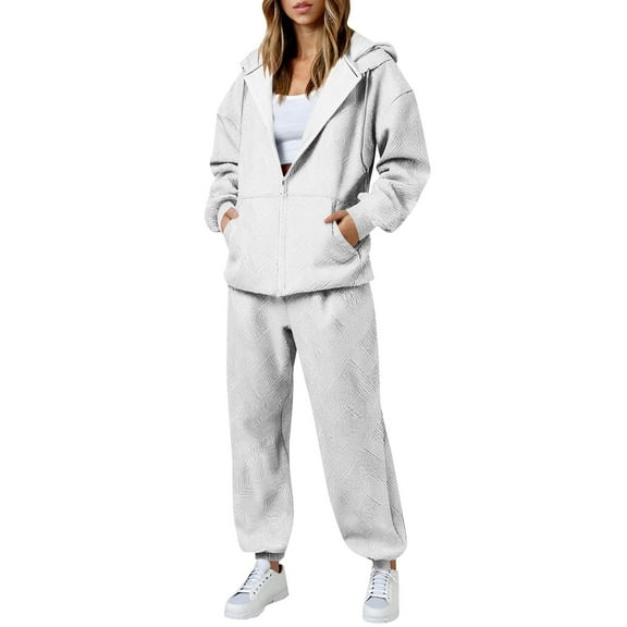 Xuniizn Track Suits for Women Set, Side Pockets Solid Color Drawstring Knit Travel Cardigan Hoodie Jackets and Elastic Waist Jogging Pants, Soft Comfortable Stylish Thermal Sets