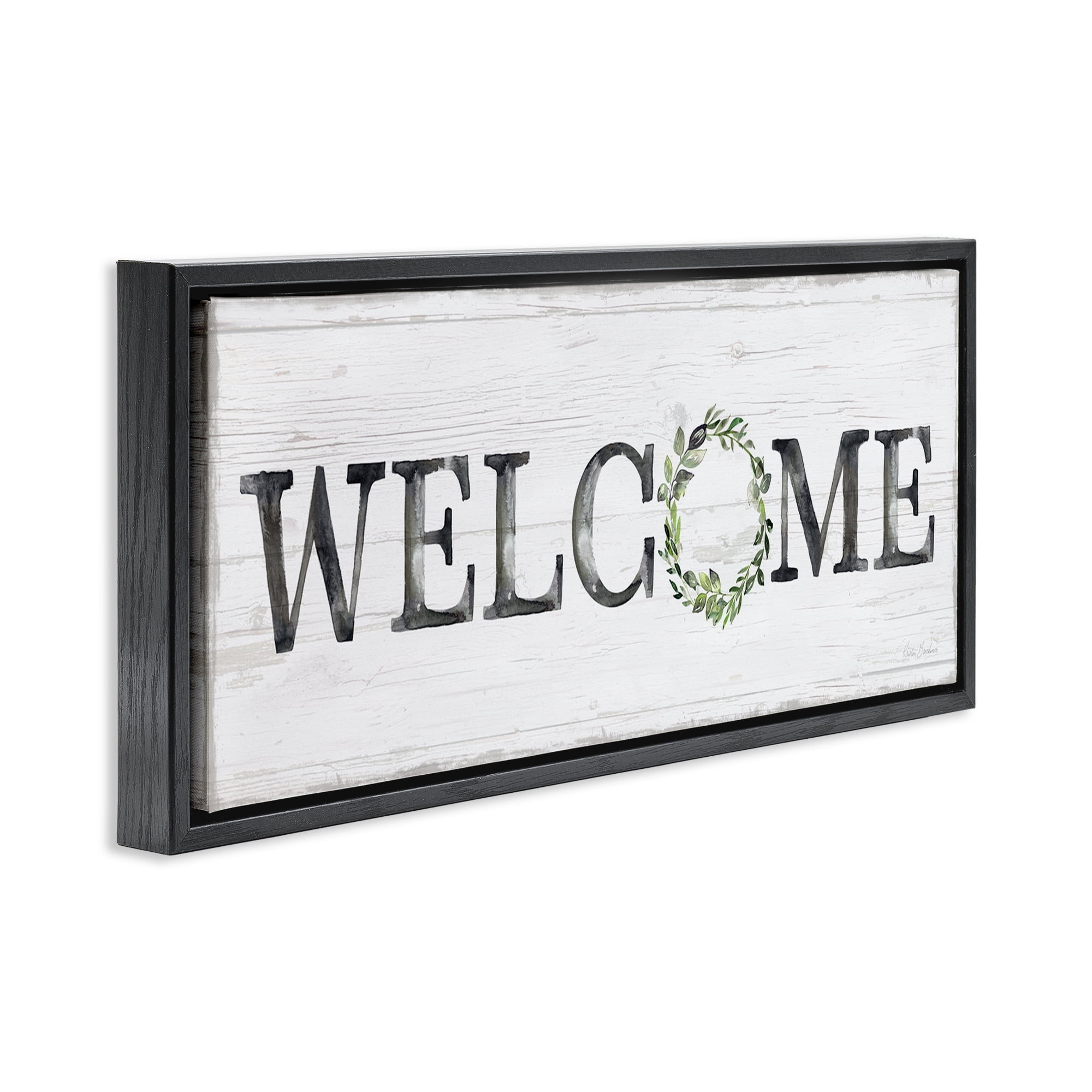 Stupell Industries Welcome with Floral Wreath Text & Numbers Painting Black Floater Framed Canvas Art Print Wall Art, 31 x 14