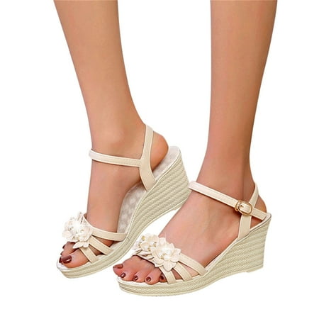 

f21 Spring And Summer Women s Fashion Open Toe Wedge Heel Rhinestone Flower Sandals Casual Shoes Buckle Ankle Strap Wedge Sandals for Women Size 7.5 Beige Wide