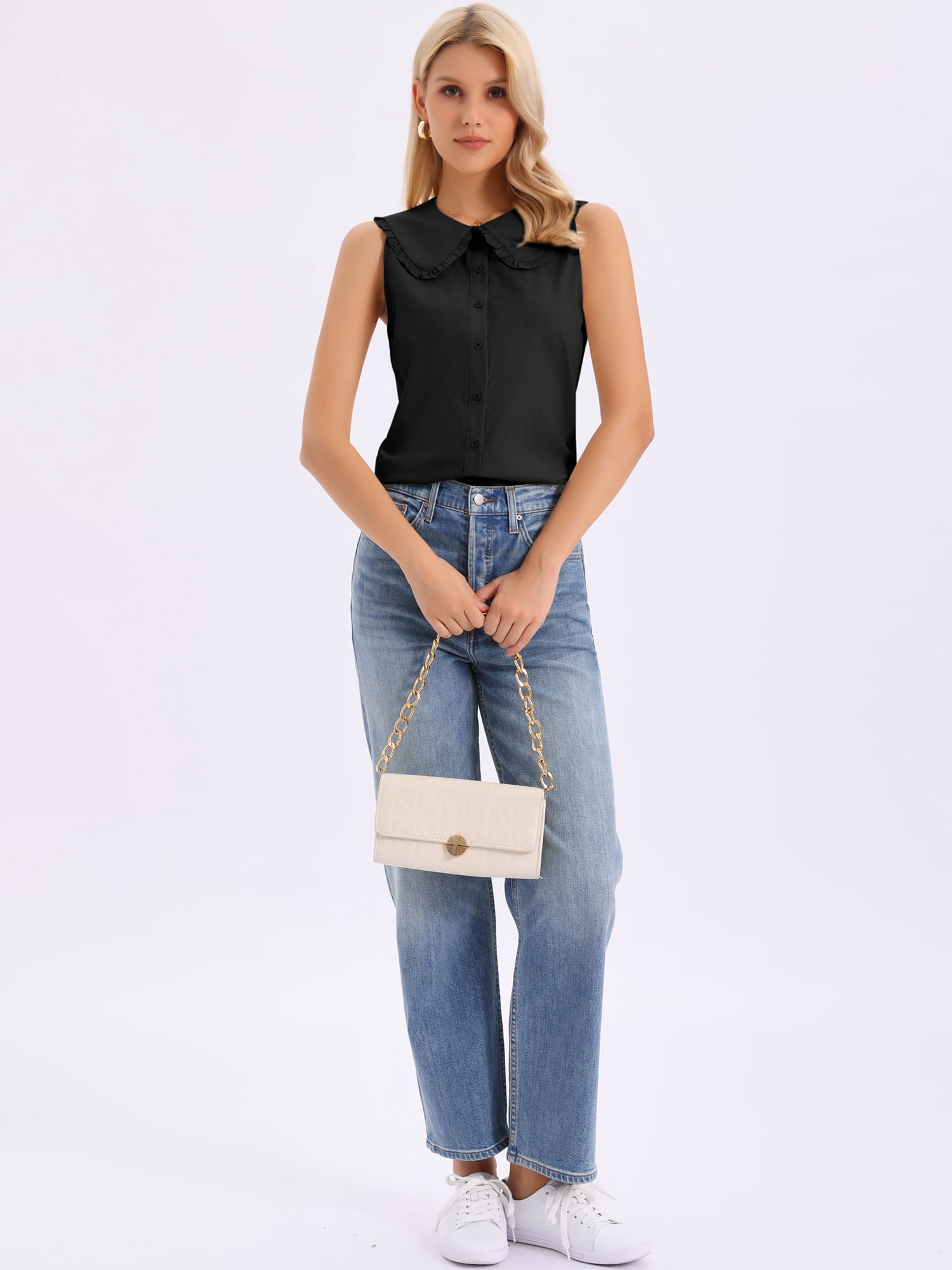 DARING DIVA Women's Button-Down Peter Pan Collar Tank Tops XS Black