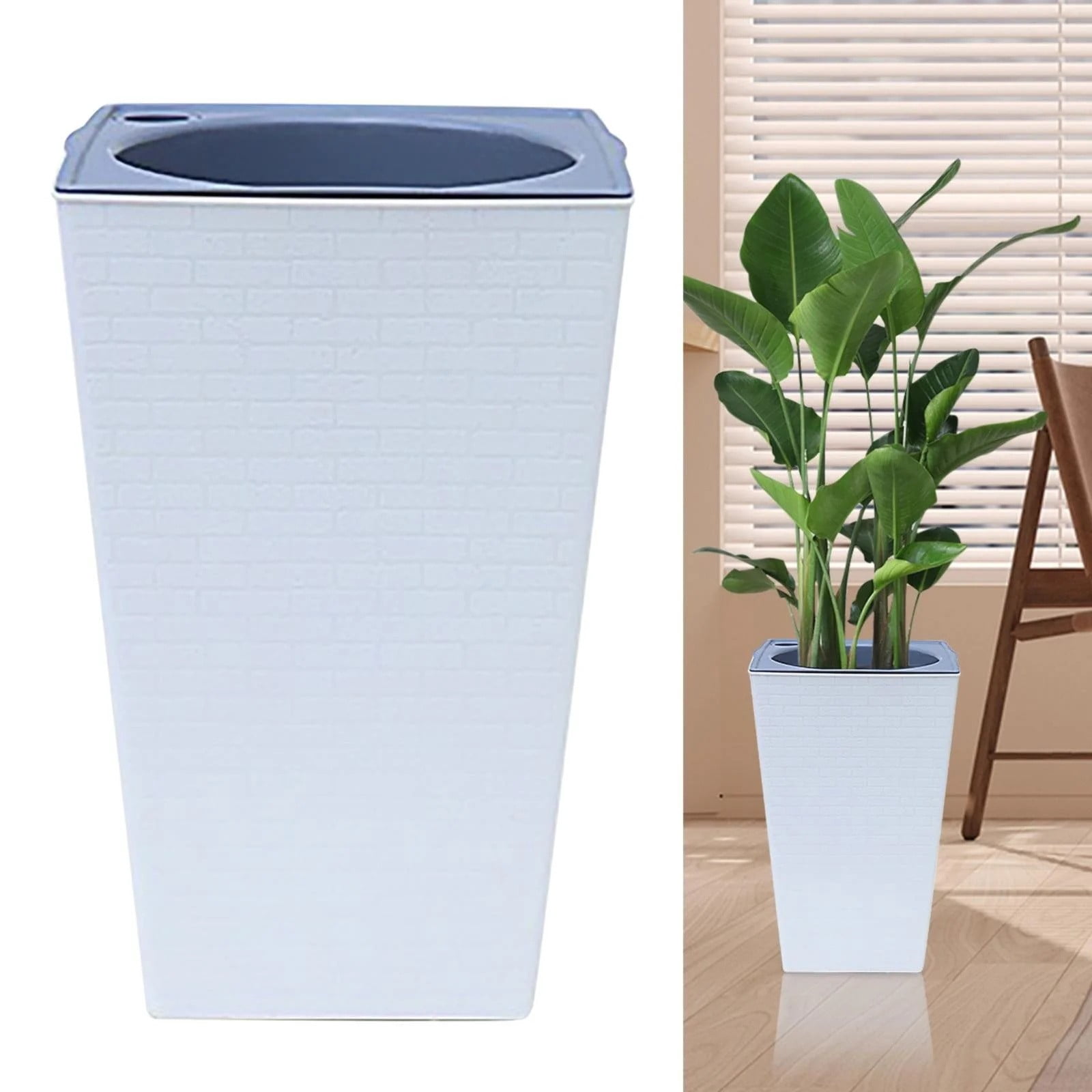 Indoor Outdoor Plastic Self-Watering Planter, Decorative Square Flower Pot with Textured Pattern, Gardening Container for Courtyard Balcony (1 Pack, Large)