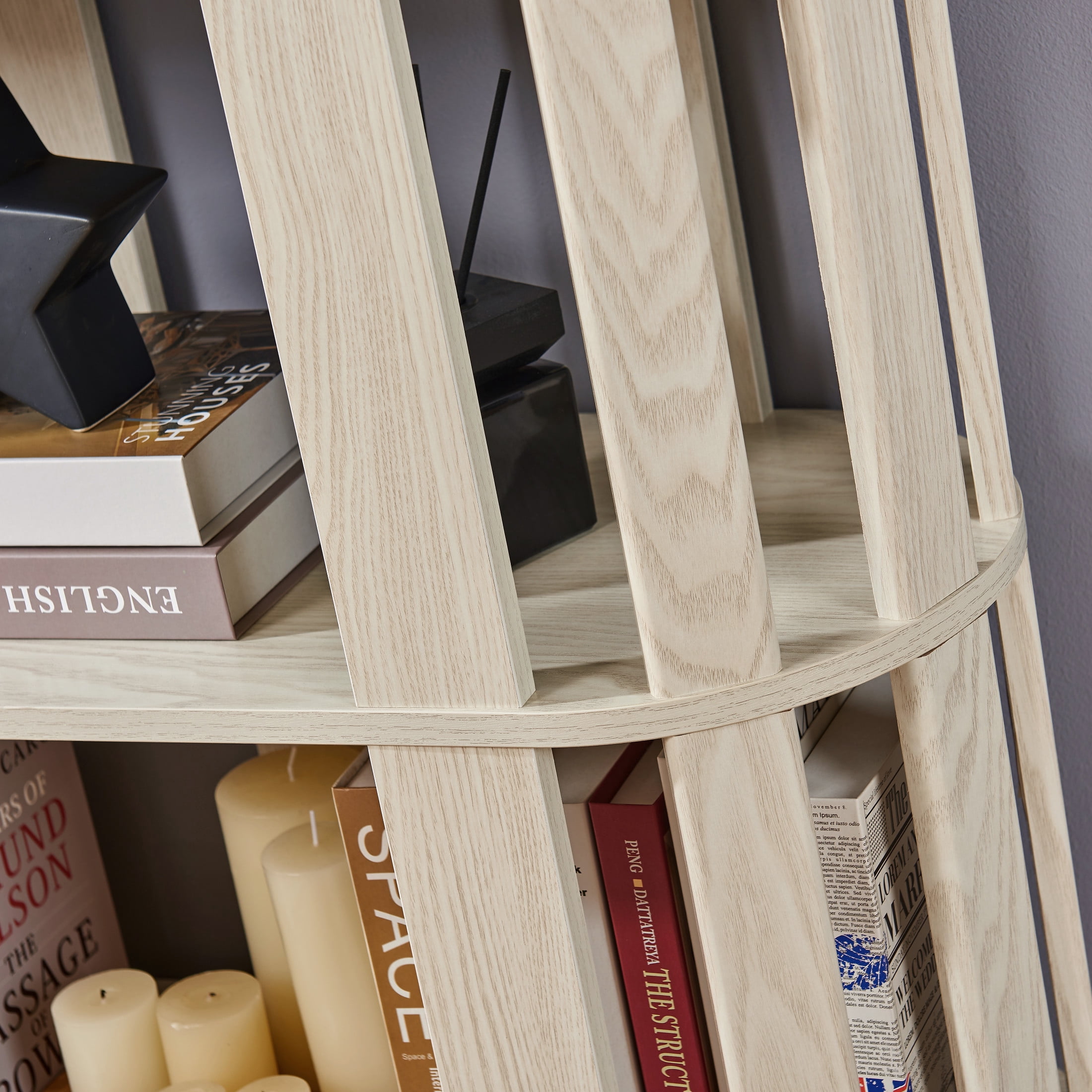 GDF Studio Lexair 5-Tier Wooden Oval Open Bookshelf with Curved Grid Frame, Storage Display Bookcase Rack, White Oak