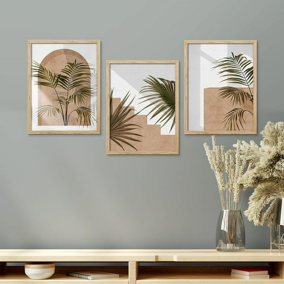PixonSign Framed Canvas Print Wall Art Set - Mid-Century Palm Leaf, Fan Leaf, Desert Plants Art - Set of 3 Abstract Geometric Modern Art Minimalism Rustic Wall Décor - 12"x16"x3 Panels Natural