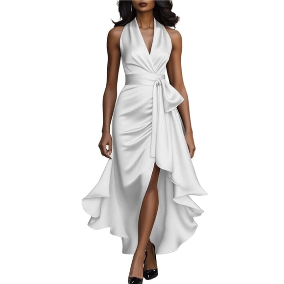 Sleeveless Dress for Women, V-Neck with Ruffle Hem and Irregular Hemline, Solid Color Cocktail Party Dress