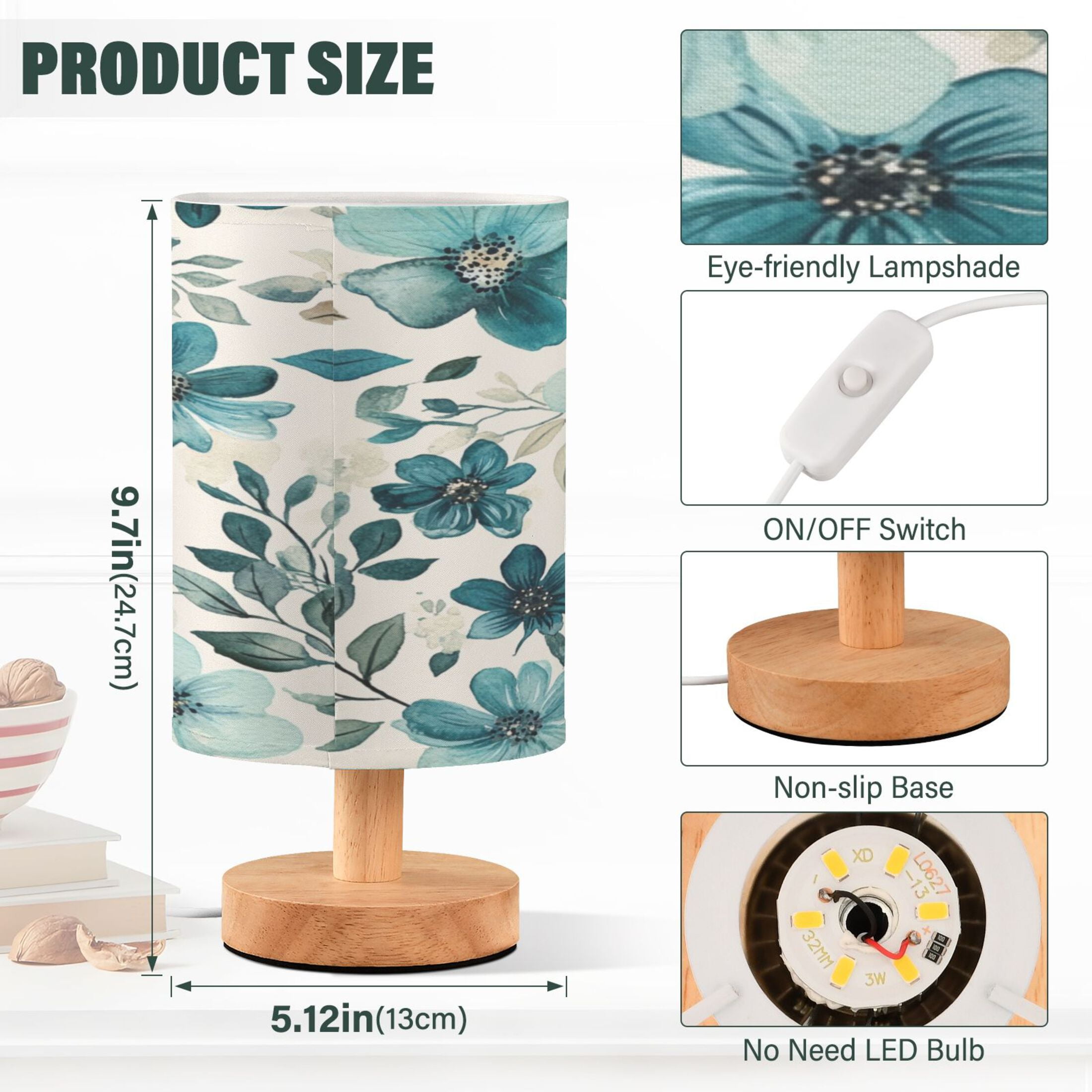Desk Lamp Bedside Lamp 5.12x9.7In LED Lamp With USB Charging Interface For Bedroom Living Room Office Study Stylish Decoration Cartoon Turquoise Flowers
