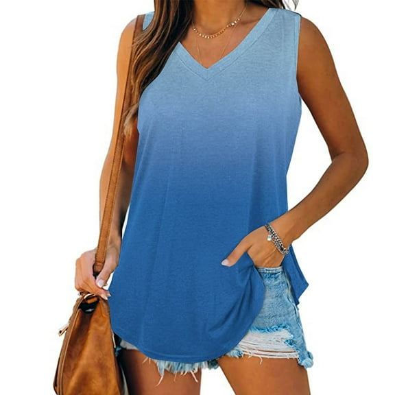 Tank Tops for Women Gradient Color Tank Top Crew Neck Sleeveless Buttons Blouses Lightweight Summer Vacation Beach Fashion Basic Essentials Oversize S-XXL