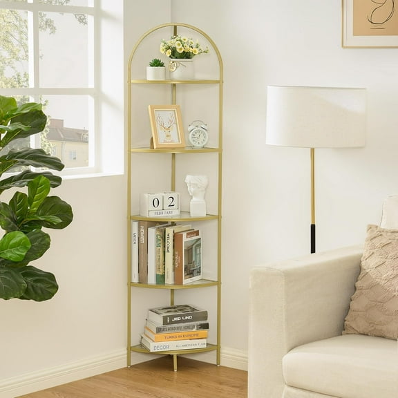5-Tier Corner Shelf Stand, Metal Corner Bookshelf, Tempered Glass Shelves, Bathroom Storage Rack Shelf, Plant Stand, Modern Style, Golden