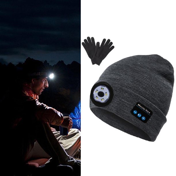 Bluetooth Sombreros para Mujeres Faro Faro Beanie Invierno Música Deportes LED Luces Sombrero, recargable al aire libre Running Night Linterna gorras Gris con guantes Soledad Sombrero de música cálido de invierno
