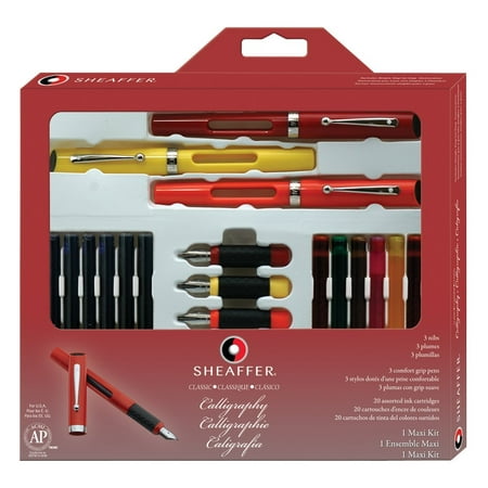 Calligraphy Maxi Kit, 3 Viewpoint Fountain Pens with 3 Nib Grades, Assortment of Ink Cartridges, Tracing Pad (73404) Yellow, Red, Orange Caligraphy Maxi Kit, Fast shipping,Brand