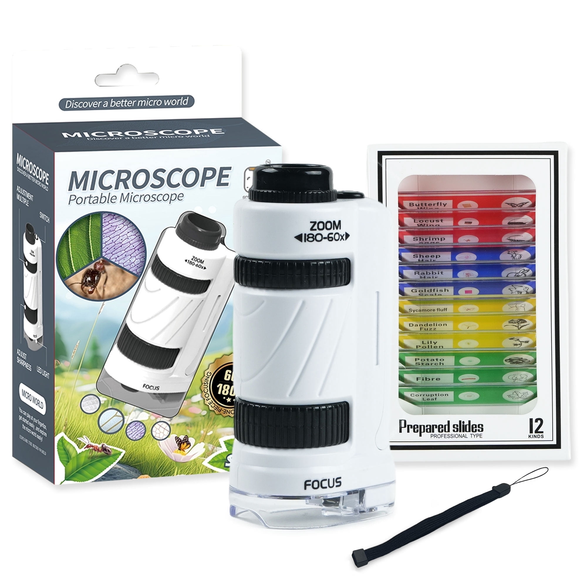 Jzhen Microscope Enfant 1200x – 400x – 100x – Avec LED, Pince à Épiler Et Échantillons – En ABS Durable – Pour Découverte Scientifique Dès 5 Ans – Piles AA Non Incluses