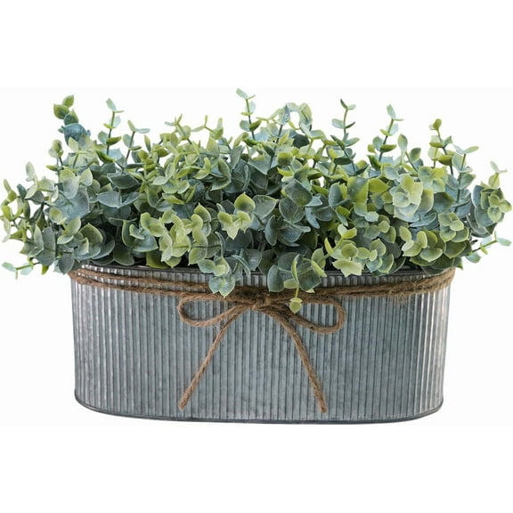 Artificial Eucalyptus Arrangement in Rustic Oval Galvanized Metal Planter Box Faux Eucalyptus Bush Greenery Potted Plants for Farmhouse Indoor Home Office Table Centerpiece Kitchen Décor