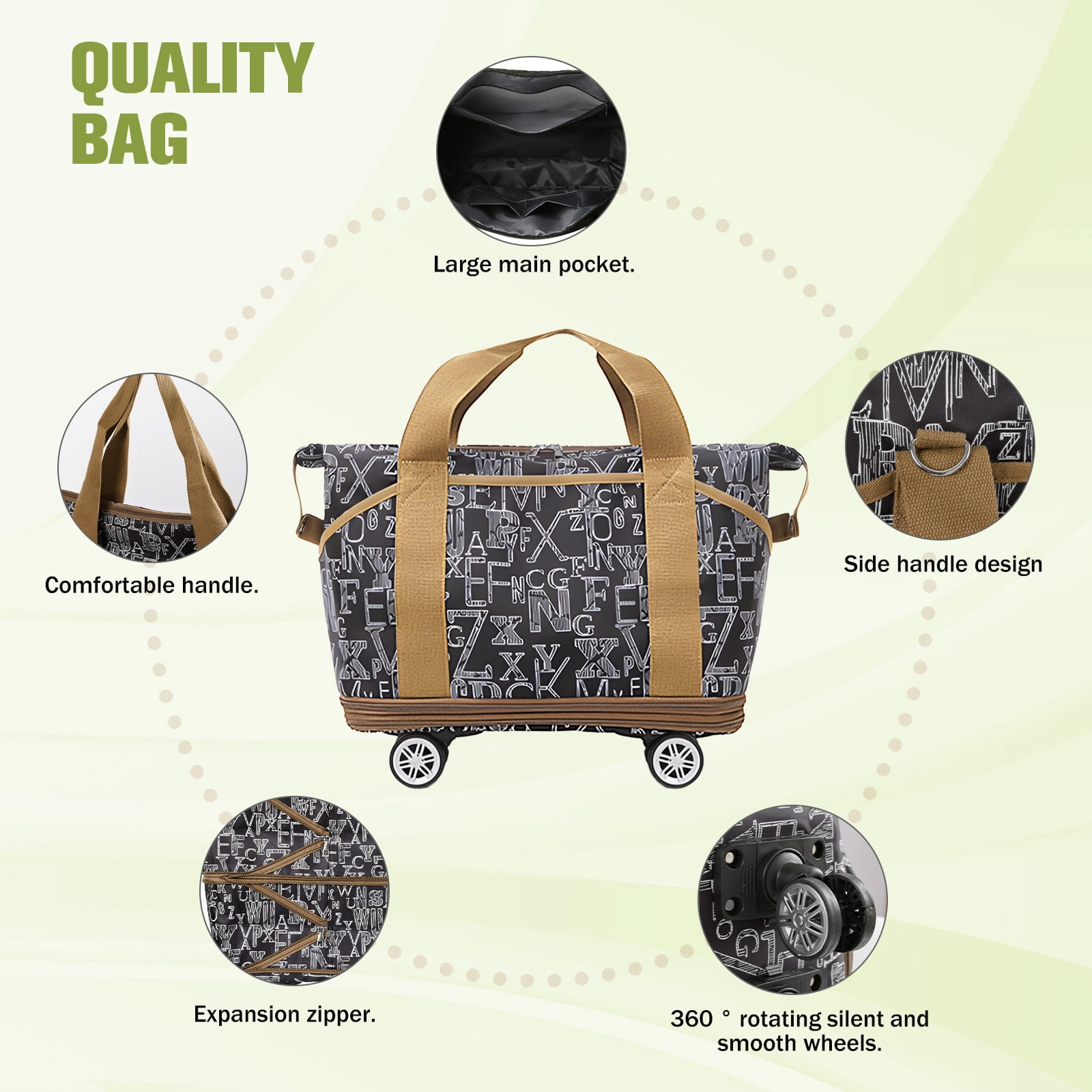 WOOW DEPOT Expandable Rolling Travel Bag, w/ 4 Detachable 360° Wheels & Trolley Sleeve, Foldable Luggage Bag Waterproof Carry On Overnight Tote Storage Duffle Bag for Gym House Moving Camping