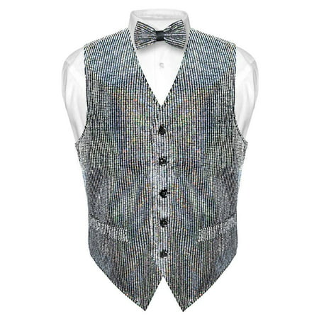 Men's SEQUIN Design Dress Vest & Bow Tie SILVER Color BOWTie Set for Suit