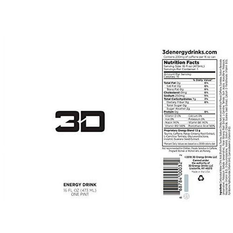 3D Energy Drink Caffeine, Zero Sugar, Taurine, Panax Ginseng, Inositol,  Guarana Seed, L-Carnitine Tartrate, 16 Fluid Ounce 12 Pack White