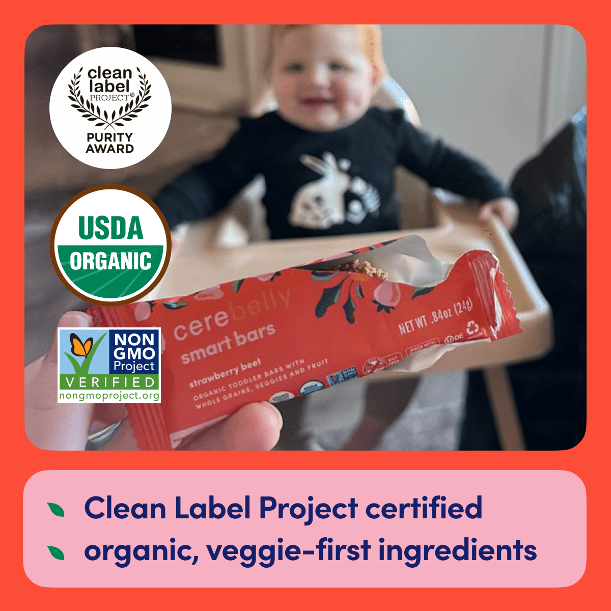 (4 pack) Cerebelly Organic Smart Bar, for Toddlers, Strawberry Beet, 5 Count