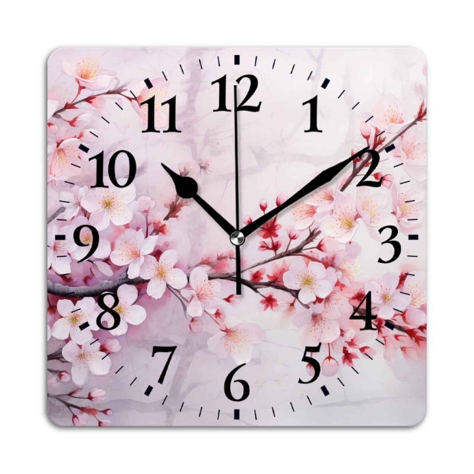 Square Wall Clock,Cherry Blossoms With Pink And White Flowers In Full Bloom,Silent Non-Ticking Wall Clock Decor for Home Office Kitchen Living Room Bedroom(10inch)