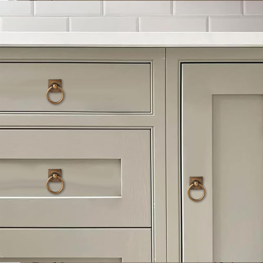 2-Pack 1.9 Inch Ring Cabinet Knobs - Vintage Antique Brass Backplate for Drawer knobs for Dresser, Kitchen Cabinets - Durable Zinc Alloy Hardware.