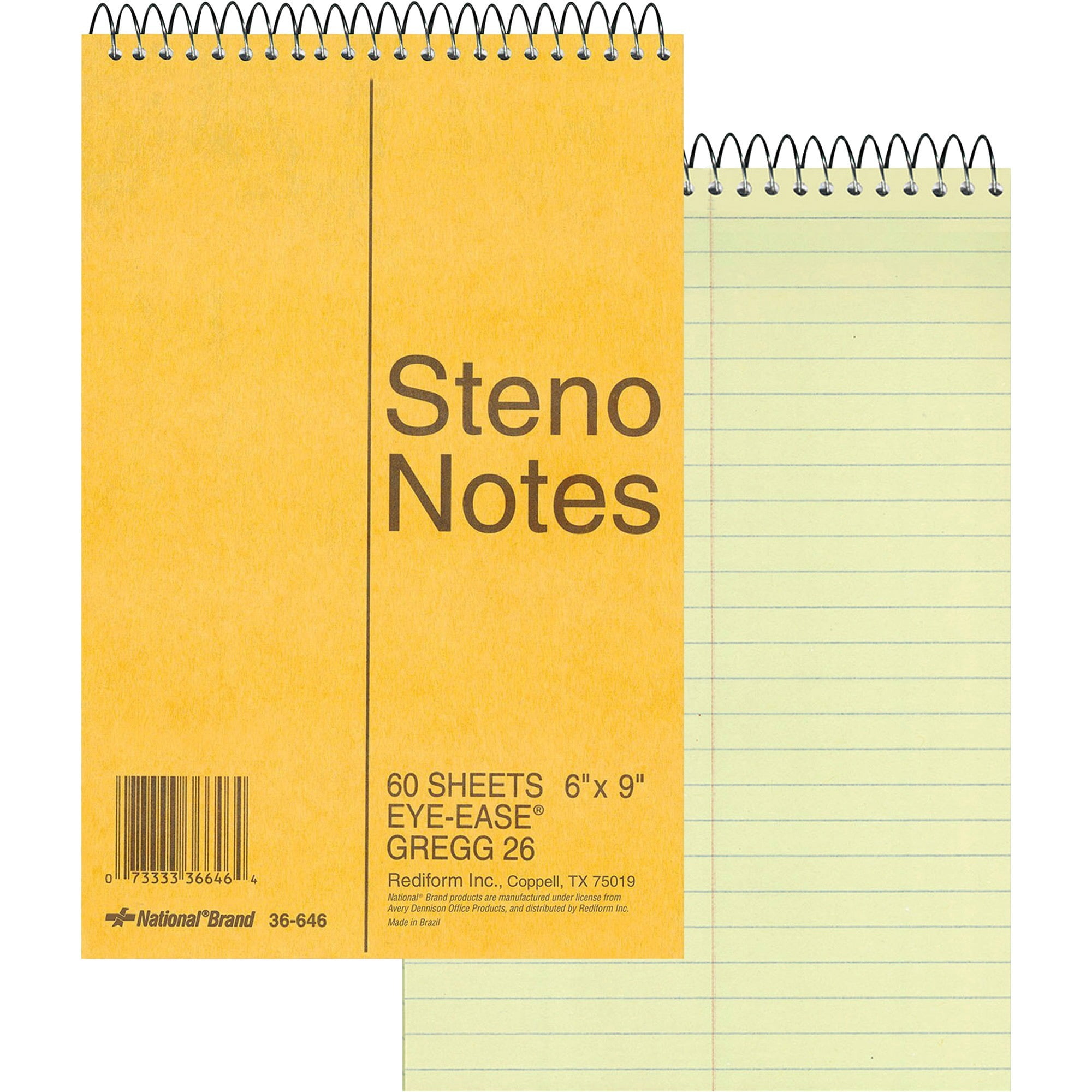 National Brand : Standard Spiral Steno Book 1 Total of 2 Each / 6 x 9 Gregg Rule 60 Sheets per Pad -:- Sold as 2 Packs of Green 