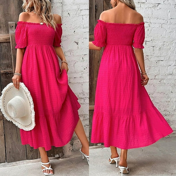 Womens Dress Young Woman Dresses Women s Dress Summer Line Neck Slim Fit Fashion Beach Holiday Dress Adult Female Clothes Hot Pink Size L