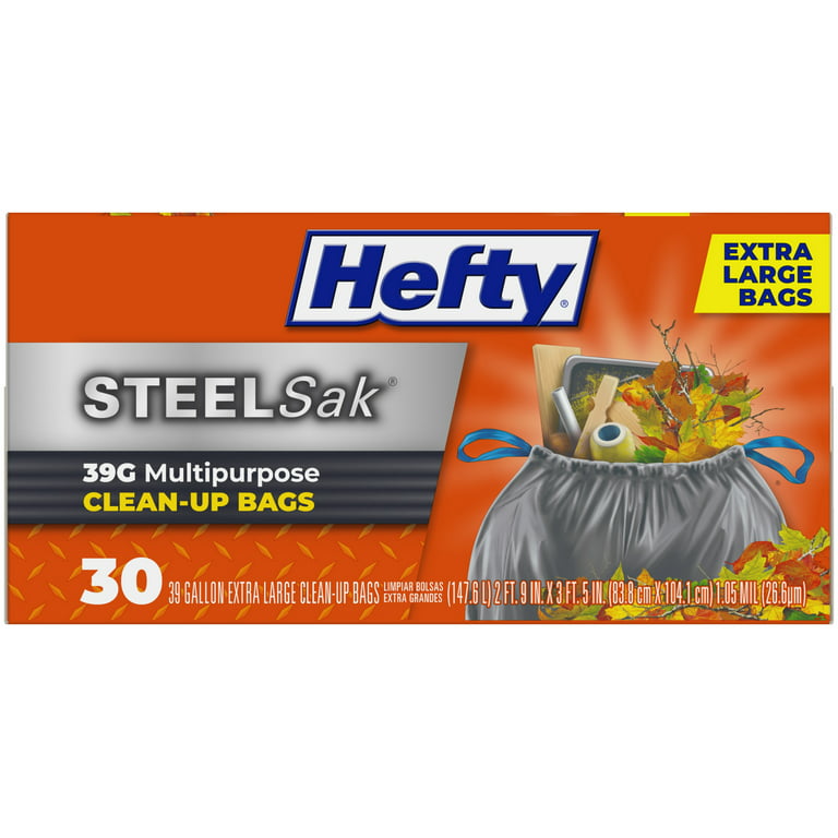 Hefty Steelsak Heavy Duty Large Trash Bags, Gray, Unscented, 39 Gallon, 30 Count