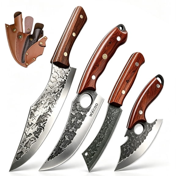 WXCOO 4-Piece Forged Kitchen Knife Set with Protective Sheaths, 5CR15MOV Stainless Steel, Solid Wood Handles, Hammered Blade Design, Chef Knife Set for Home Kitchen and Gift