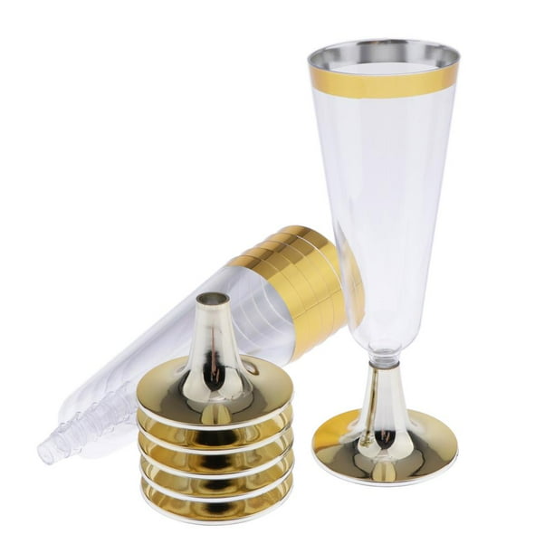 6 copas de plástico para champán con dorada, copas de champán de plástico de 5,5 onzas, vasos desechables para primera , Adorno de oro Soledad Copa de champán desechable
