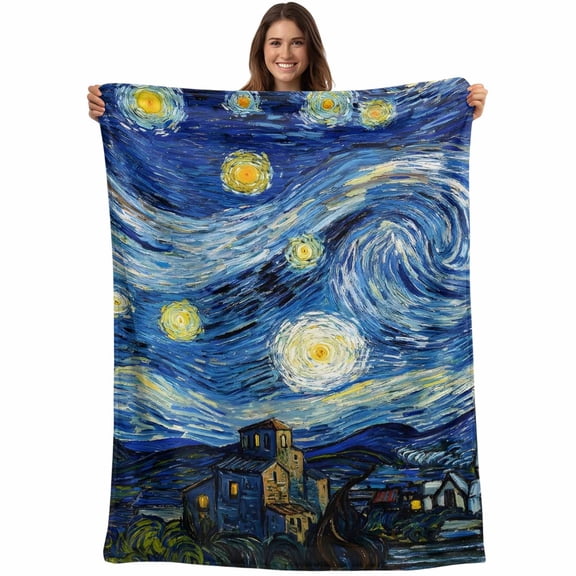 Blue Starry Night Blanket Soft Cozy Warm Throw Blanket for Couch, Plush Fuzzy Flannel Blankets for Sofa, Abstract Star Sky House Tree Oil Painting Bed Blankets Lightweight Gifts for Women, 50"x80"