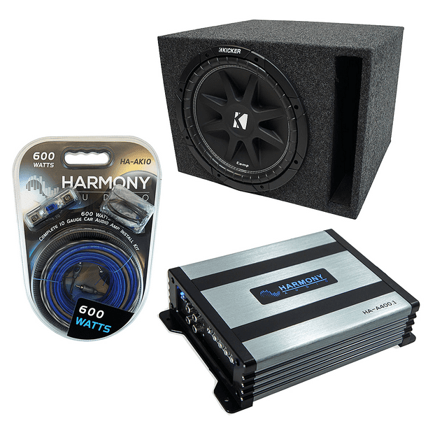 1) Kicker C10 Subwoofer Single 10" Sub Box Enclosure Bundle with Harmony Audio HA-A400.1 Mono -