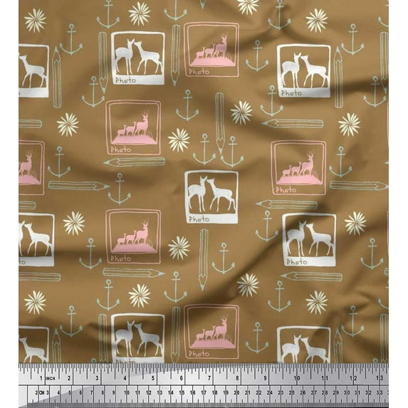 Soimoi Viscose Chiffon Fabric Pencil,Anchor Hook & Deer Animal Print Fabric by The Yard 42 Inch Wide