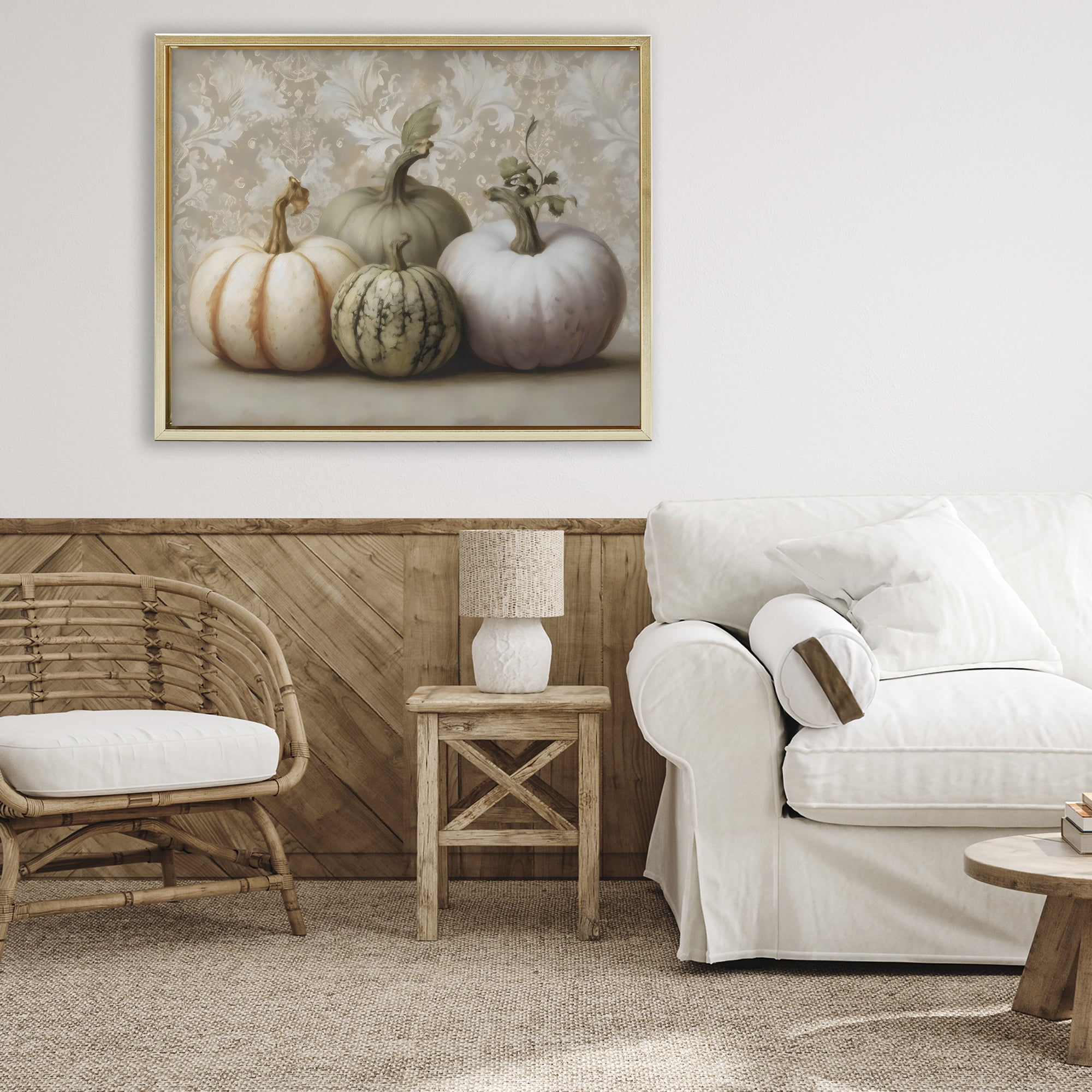 Stupell Industries Pastel Gourds on Vintage Pattern Gold Framed Floater Canvas Wall Art, design by Arlington Prints