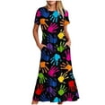 thumbnail image 1 of Puntoco Vestido Midi Con Cuello Redondo Y Manga Corta A La Moda Para Mujer, Vestido Estampado Con Dos Bolsillos En Capas, Negro S,Regalos Para Mujer Joven, 1 of 4