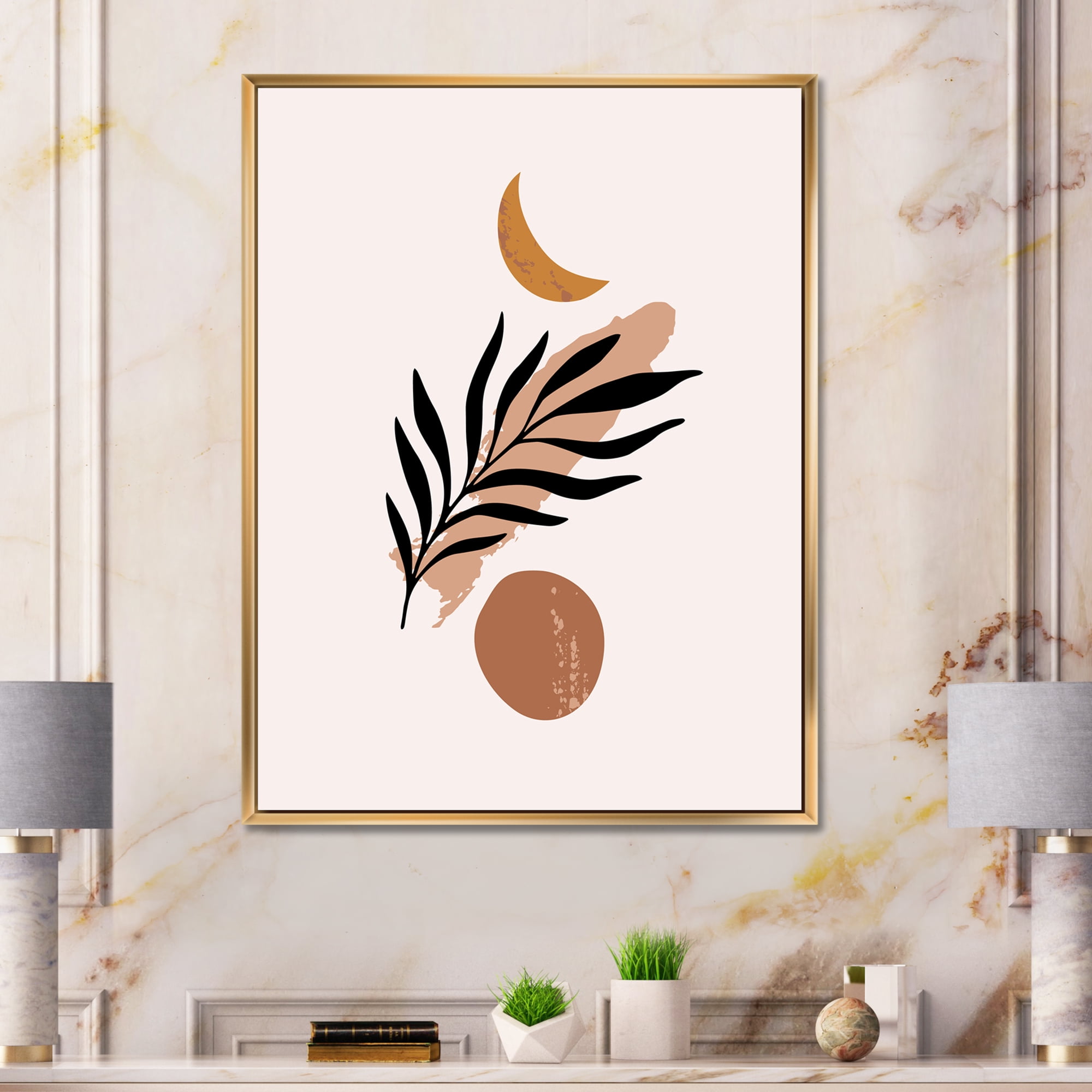 Designart 'Abstact Tropical Palm Leaf, Minimal Sun And Moon I' Modern Framed Canvas Wall Art Print