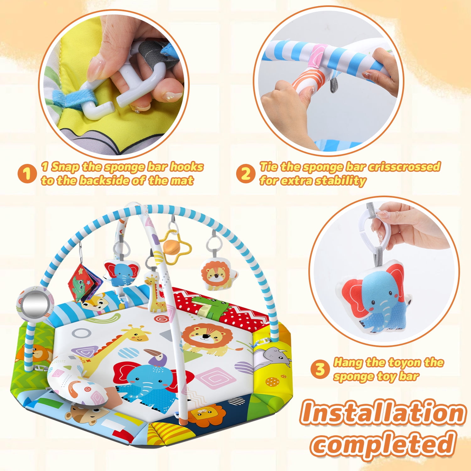 JoyStone Baby Gym Play Mat, 8-in-1 Tummy Time Mat, Infant Play Gym with 6 Detachable Toys, Washable Activity Mat & Ball Pit, Baby Toys Gift for Ages 0-18M