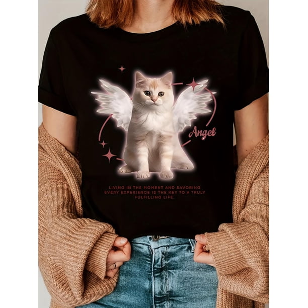 Women's Angelic Cat Graphic Tee - Vintage-Inspired Polyester, Short Sleeve, Round Neck, Machine Washable, Black with Pink & White Design, Perfect for Summer