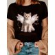 thumbnail image 1 of Women's Angelic Cat Graphic Tee - Vintage-Inspired Polyester, Short Sleeve, Round Neck, Machine Washable, Black with Pink & White Design, Perfect for Summer, 1 of 6