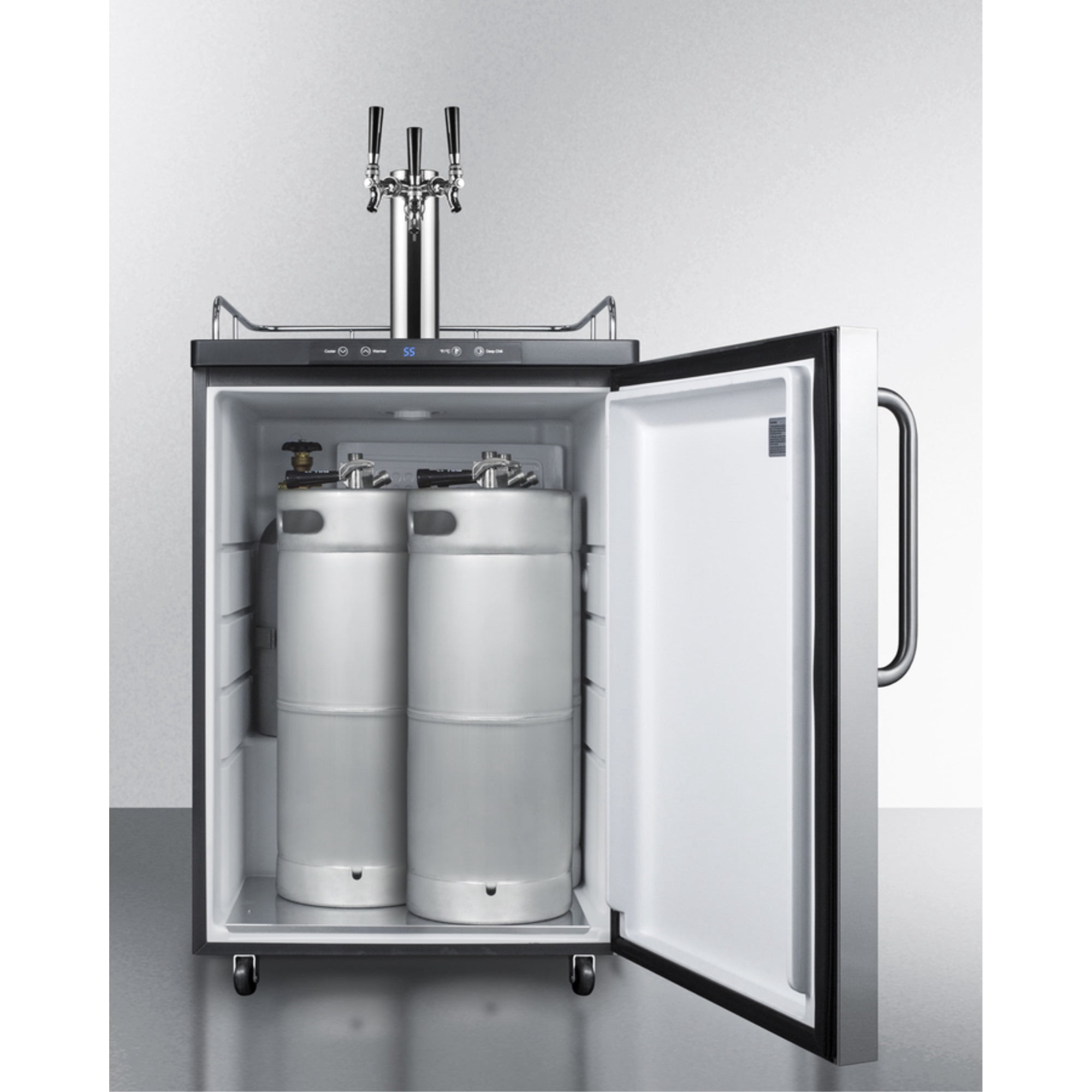 Freestanding residential beer dispenser, auto defrost with triple tap kit, digital thermostat and stainless steel door