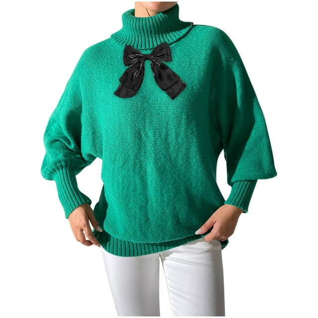Pulls à Col Roulé avec Nœud pour Femmes Manches Longues Automne Chandail Tricoté Col Haut Mignon Décontracté Hauts Vert, m