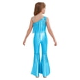thumbnail image 2 of inlzdz Kids Girls Disco Outfit Off Shoulder Metallic Flare Jumpsuit Sequin Fringe Formal Dance Romper Lake Blue 12, 2 of 5