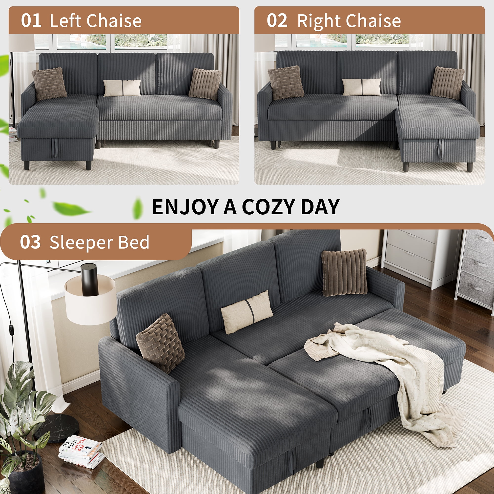 Walsunny Pull Out Sectional Sleeper Sofa Bed L Shape Couches with Reversible Storage Chaise for Living Rooms Small Rooms Apartment,Dark Gray
