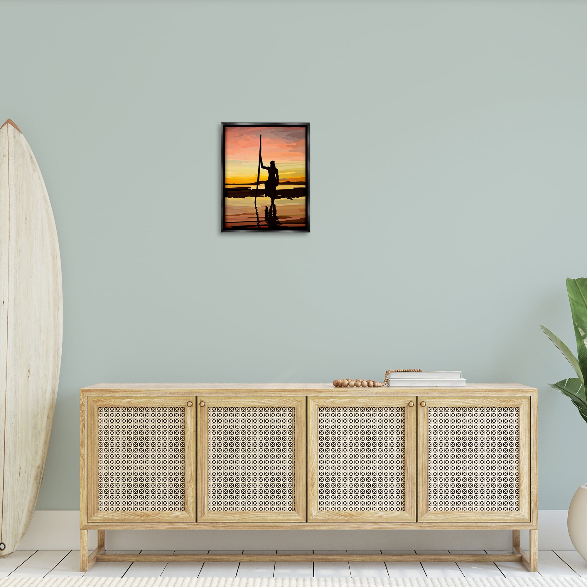 Stupell Industries Sunset Surfer Silhouette Nautical & Beach Painting Black Floater Framed Canvas Art Print Wall Art, 17 x 21