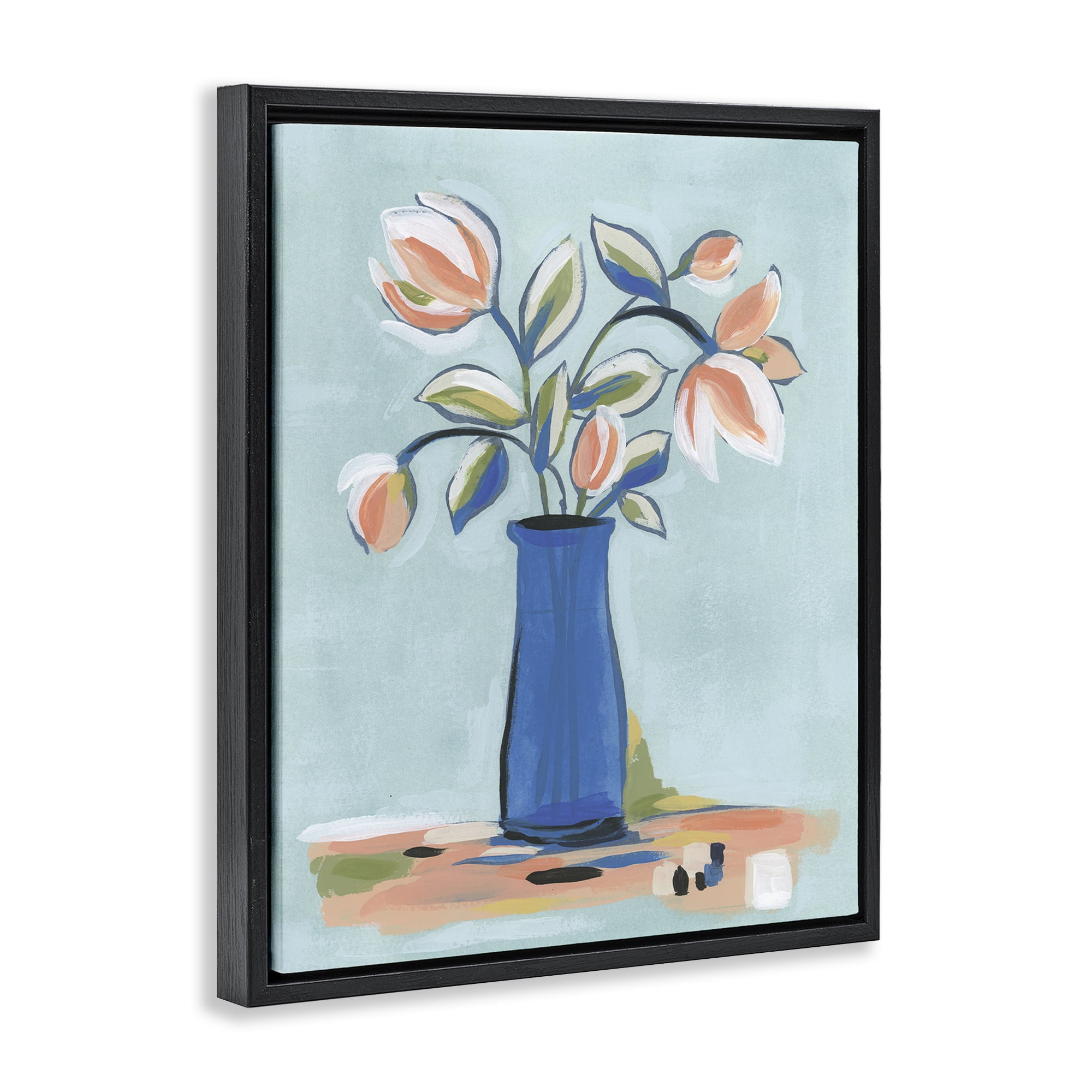 Stupell Industries Pink & Blue Modern Bouquet Plants & Flowers Painting Black Floater Framed Canvas Art Print Wall Art, 17 x 21