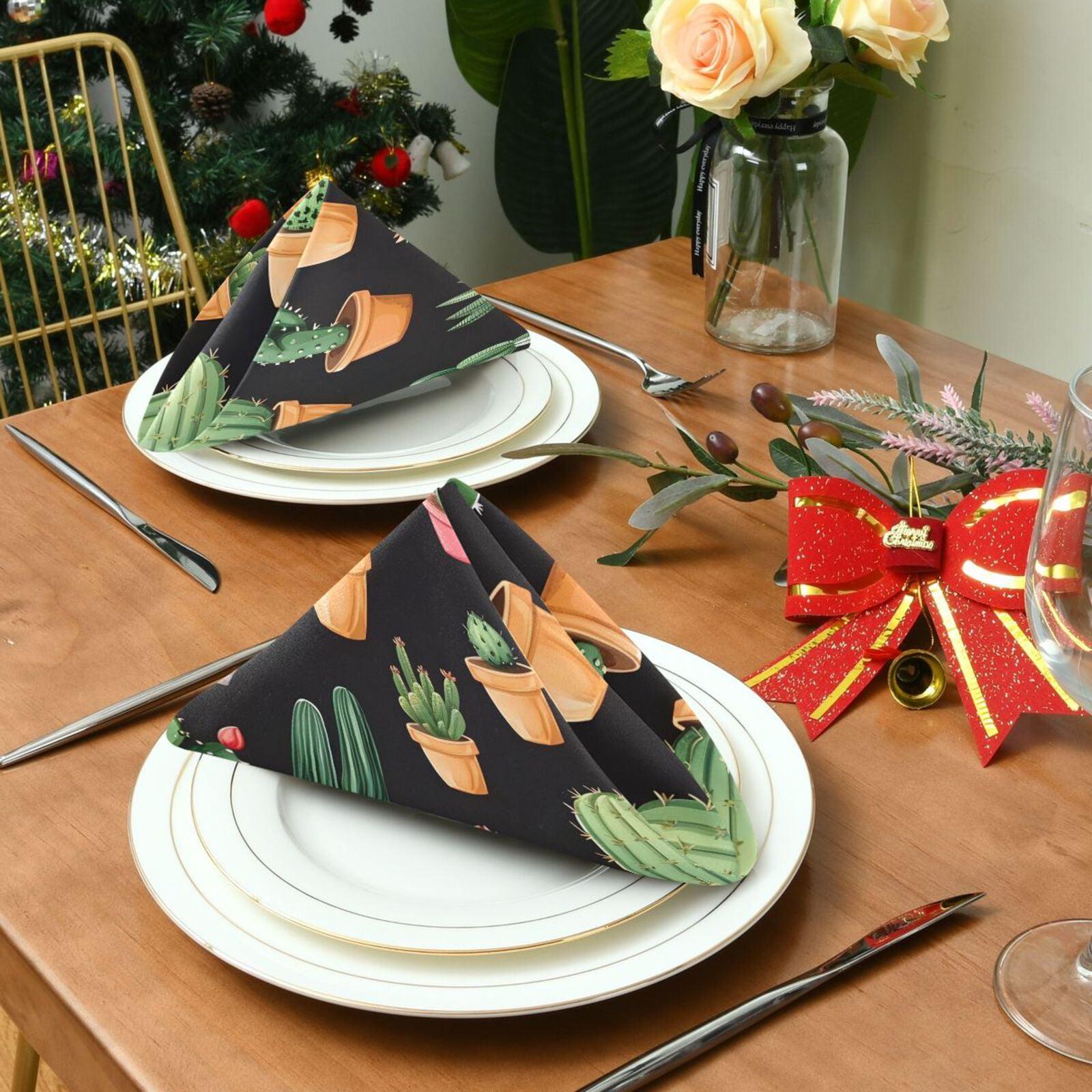 JSTEL Potted Cactus Cacti Cloth Napkins Set of 6, 20x20 Inch Washable and Reusable Napkin for Decoupage Dinner Party Everyday Use