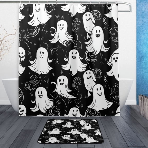 Bath Curtain & Non-Slip Bath Mat Set 12-Grommet Shower Curtain Memory Foam Bath Rug Ghosts Pattern
