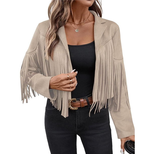 Chaquetas de Mujer de Piel Sintética de Ante con Flecos y Forro. Abrigos Cortos con Flecos. Imprescindibles de de Otoño. Albaricoque M