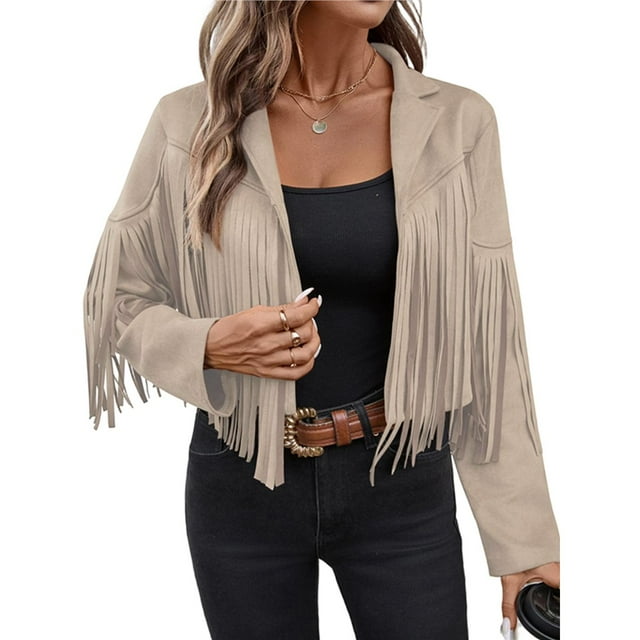 Chaquetas de Mujer de Piel Sintética de Ante con Flecos y Forro. Abrigos Cortos con Flecos. Imprescindibles de de Otoño. Albaricoque M