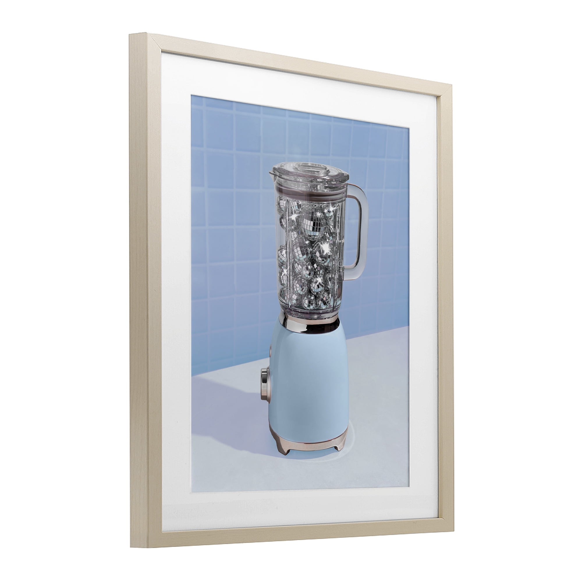 Blue Retro Disco Blender Birch Framed Print Under Glass, design by LISH Creative