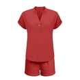 thumbnail image 4 of NMMUED Women 2 Piece Linen Short Sets 2026 Summer Vacation V Neck Short Sleeve Beach Outfits Button Casual Suits Lounge Sets for Women Red L, 4 of 4