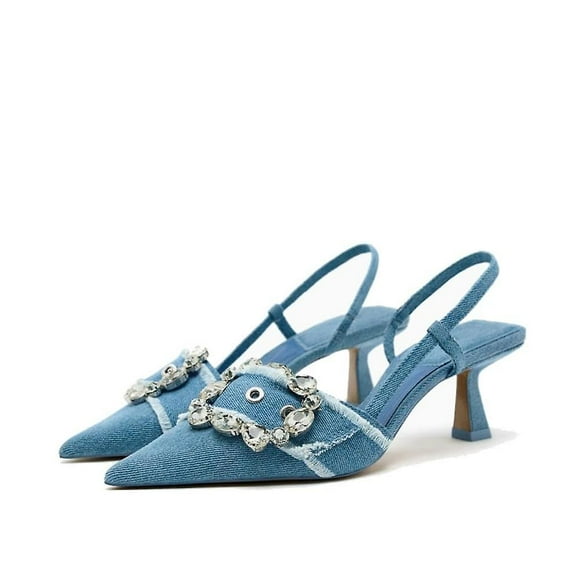 Women Rhinestone Pointed Toe Denim Kitten Heels Fashion Slip On Slingback Low Heel Dress Pumps Fo