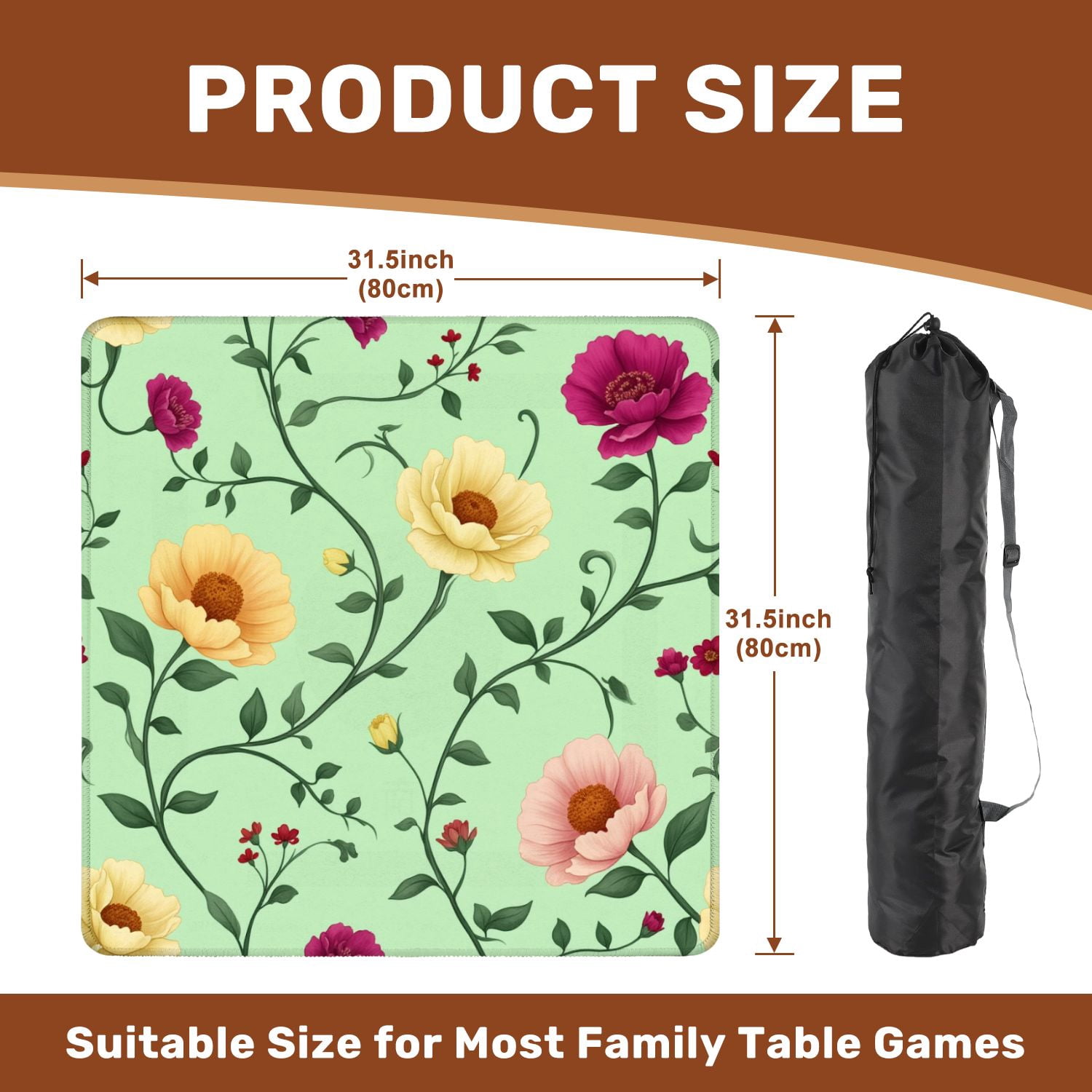 Mahjong Mat 31.5" x 31.5" Elegant Floral Colorful Blooms Green Vines Pastel Non-Slip Noise Reduction American Mahjong Tiles Table Cover for Dominoes Poker Card Board Games Gift
