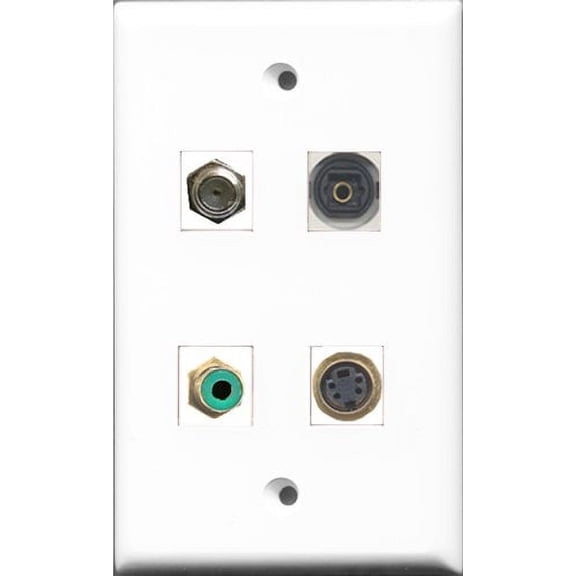 RiteAV 1 Port RCA Green and 1 Port Coax Cable TV- F-Type and 1 Port S-Video and 1 Port Toslink Wall Plate